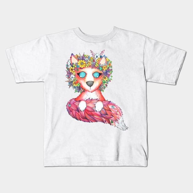 Fox with a Flowecrown Kids T-Shirt by fun chaos amy